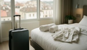 Hotelzimmer mit Koffer, Bademantel und Handtuch beim Wellness-Kurztrip in der Stadt